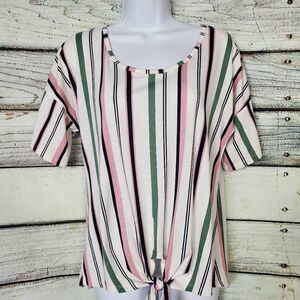 Daytrip Women’s Top S White Pink Green Striped Short Sleeve Tie Front Tee
